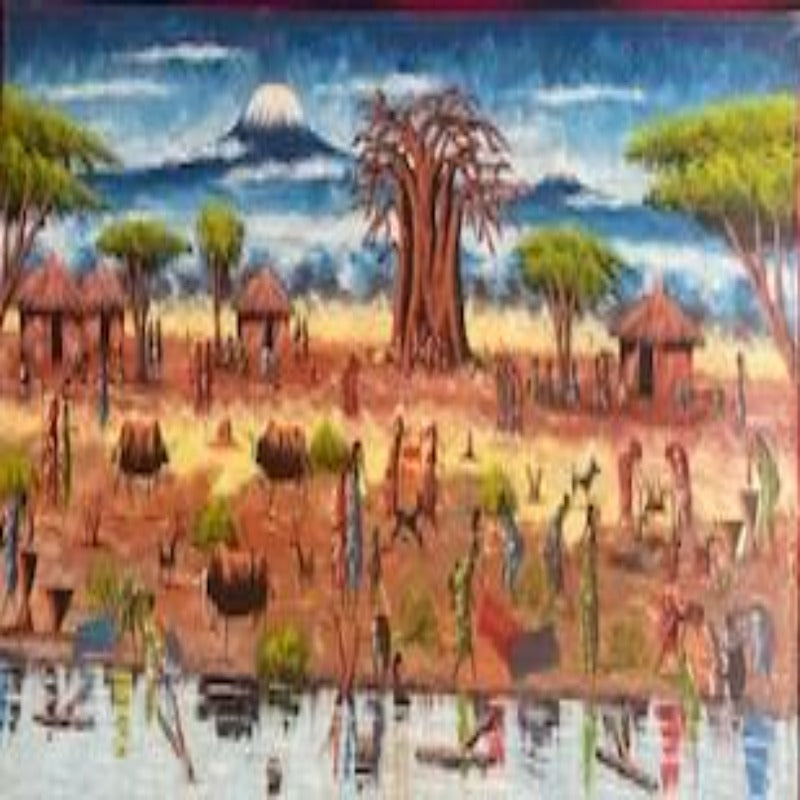 The African Village. oil canvas painting. Tanzania oil painting. African art - Manneybreeze African art 